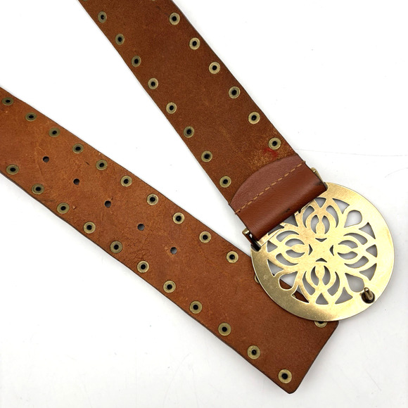 Vintage Y2K Calvin Klein 610664 Brown Studded Leather Brass Medallion Belt L 40\